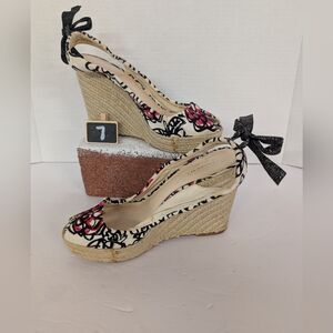 COACH wedge Espadrille Peep-Toe Heels in Black, White & Pink